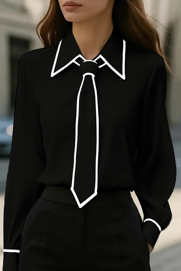 Women's satin loose fit V-neck shirt with contrast tie detail, hip-length office casual top
