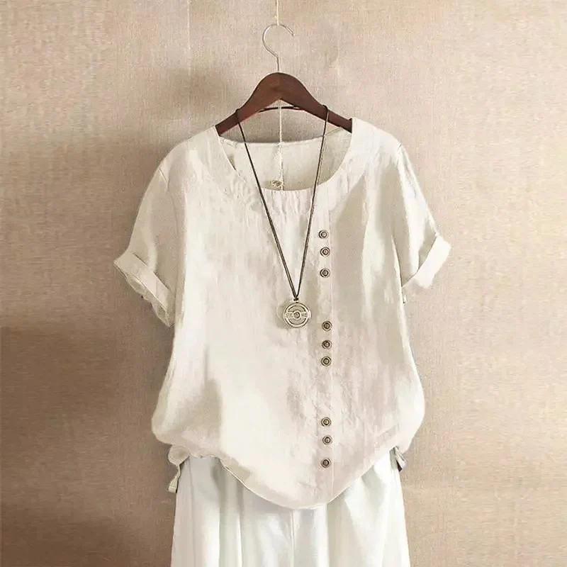 Women's linen blouse breathable short sleeve asymmetric button closure relaxed summer top