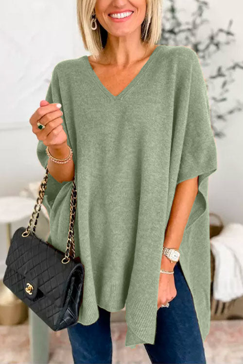 Women's solid cashmere poncho sweater V-neck loose fit lightweight breathable layering essential