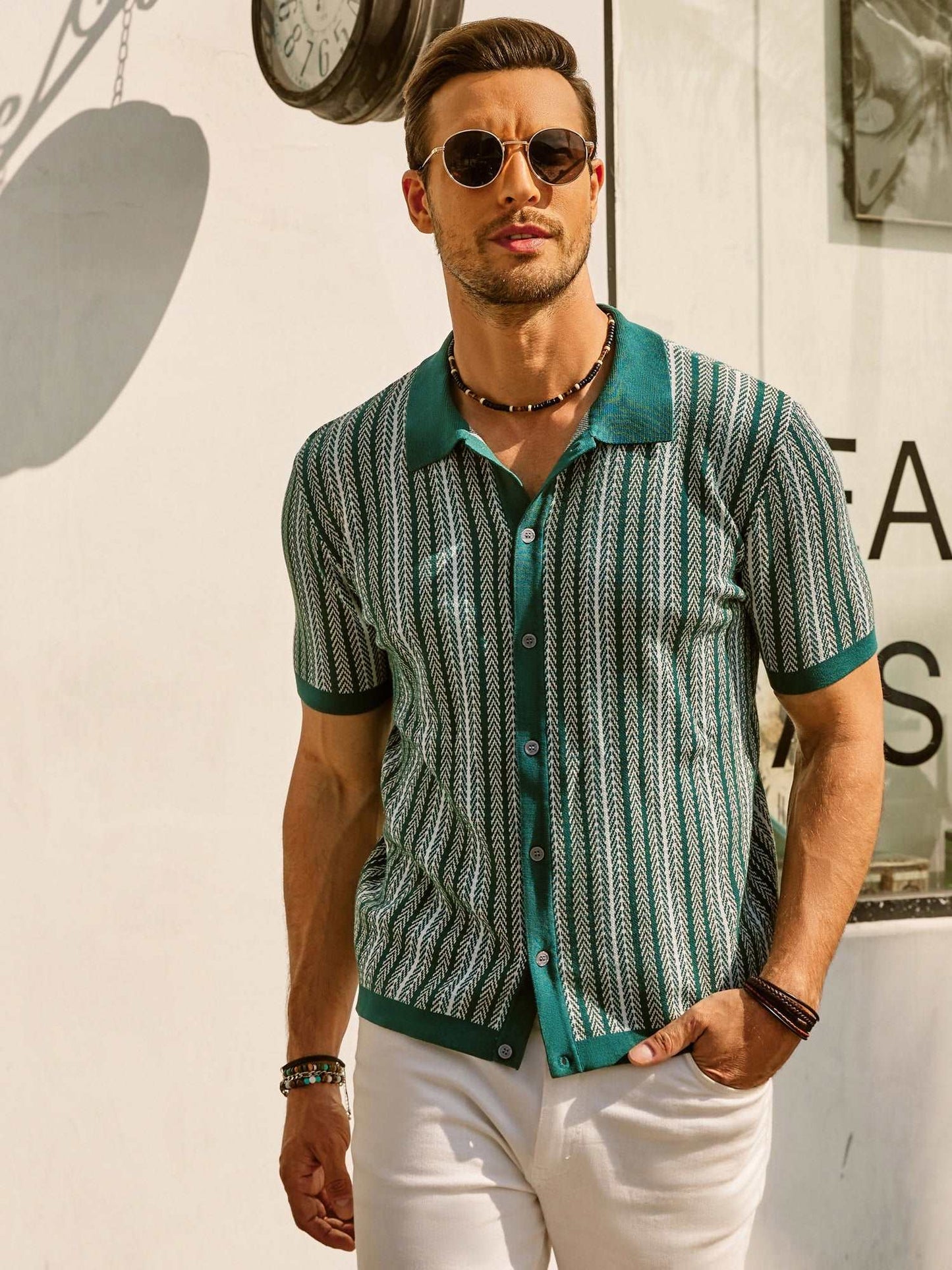 Men's slim fit retro striped polo shirt breathable cotton knit smart casual modern style