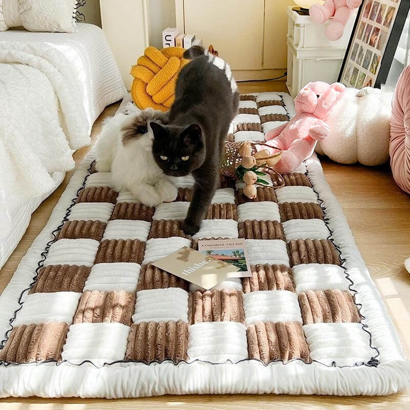 Plaid fuzzy pet mat chenille fabric cozy texture neutral tones cats small dogs comfort