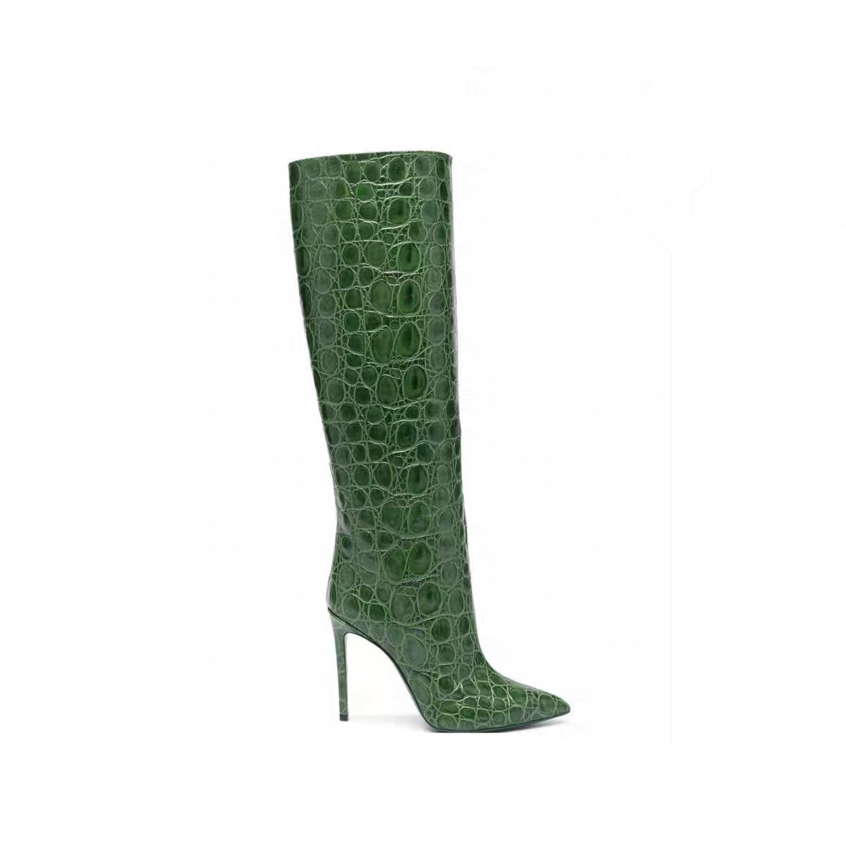 Women's snake print stiletto mid-calf boots pointed toe straight leg microfiber upper bold texture