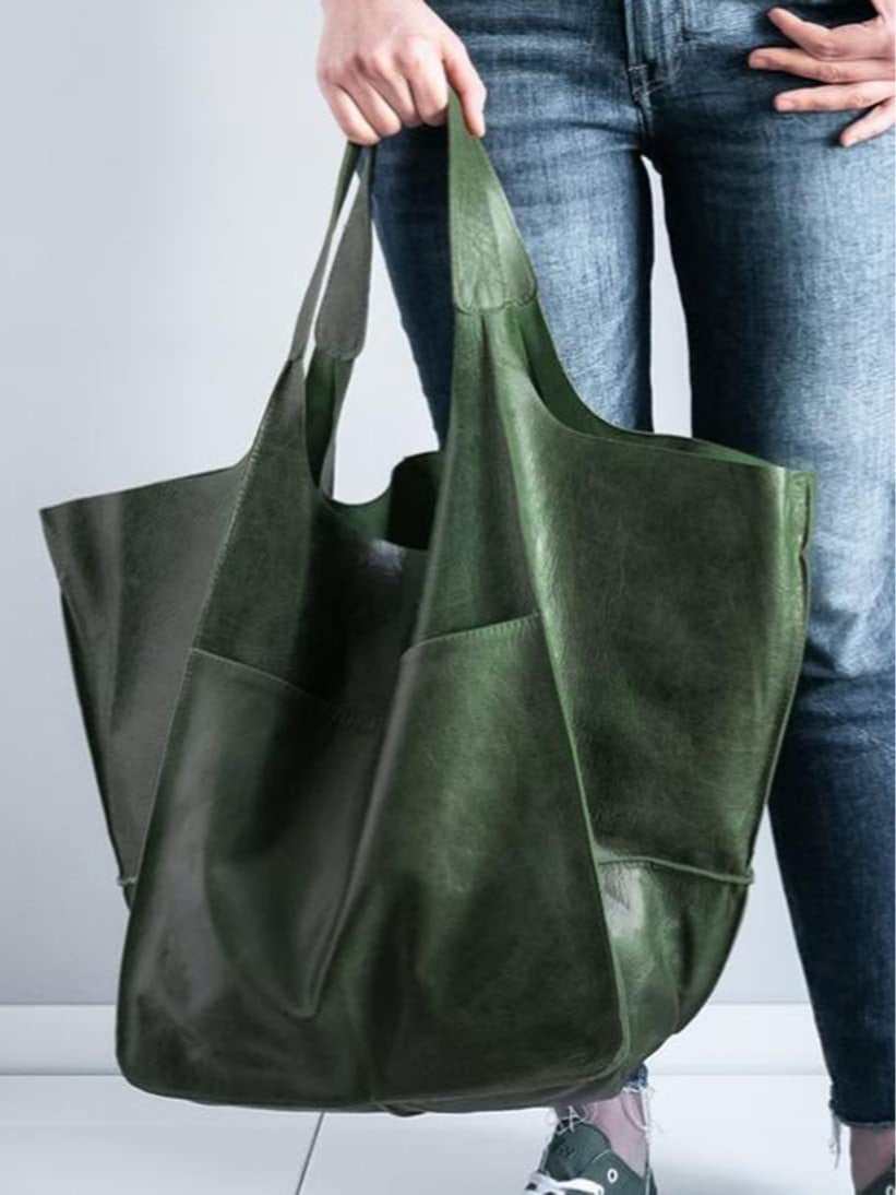 Women's large soft PU leather tote bag retro patchwork open top spacious horizontal shoulder bag