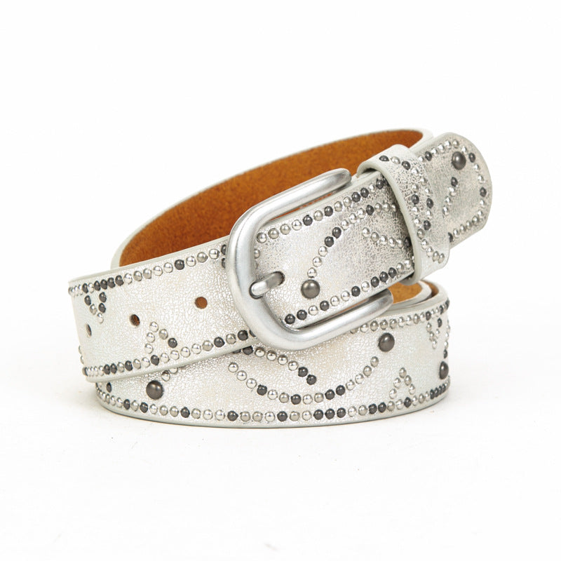 Men's dark gold distressed PU leather belt cracked finish with rivets and alloy pin buckle 110cm