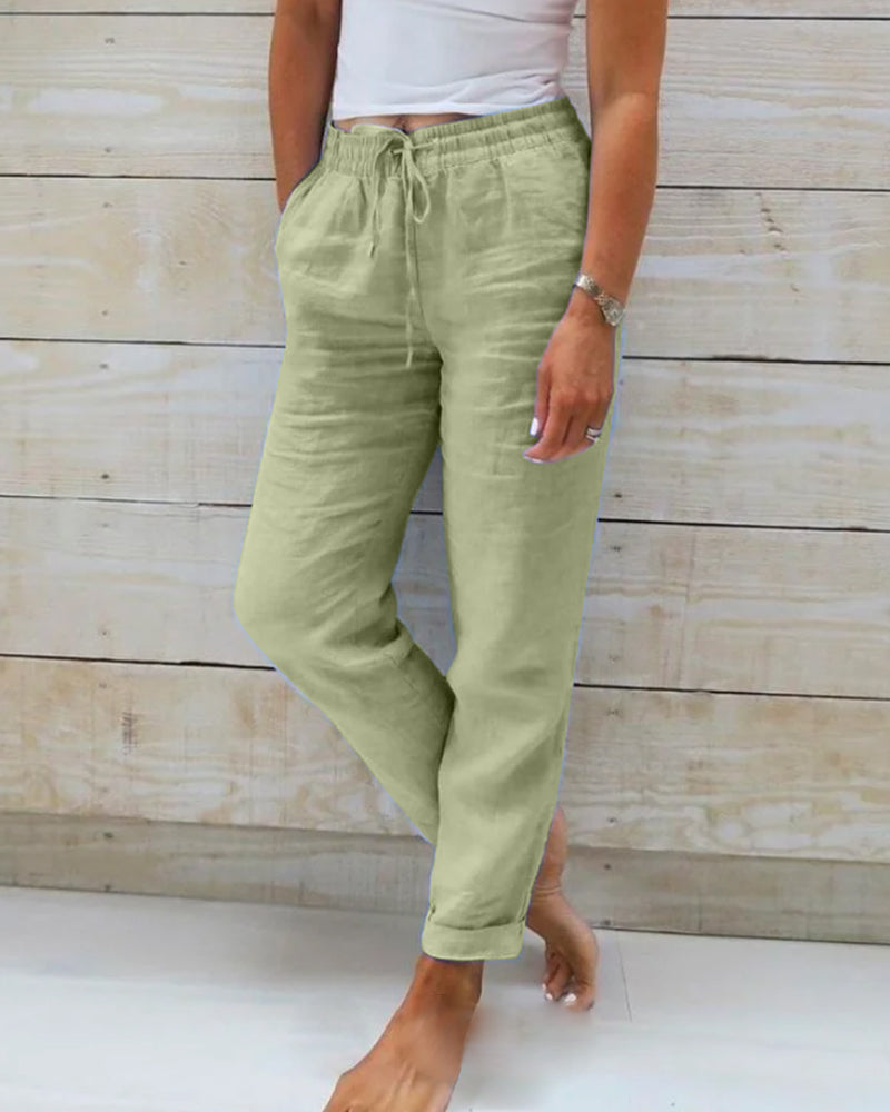 Monica women's beige cotton linen wide-leg pants with elastic waist for all-day comfort