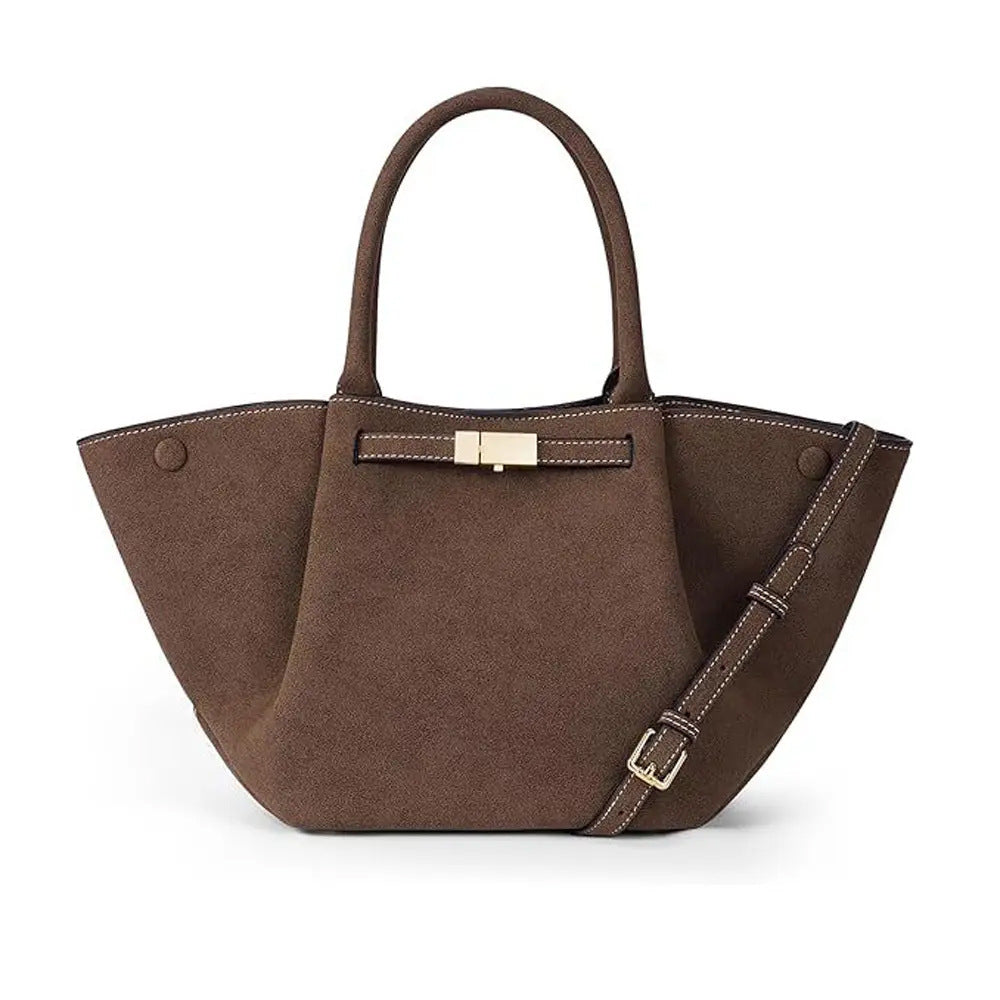Brown faux suede dumpling tote bag vintage retro style with magnetic clasp mid-size women