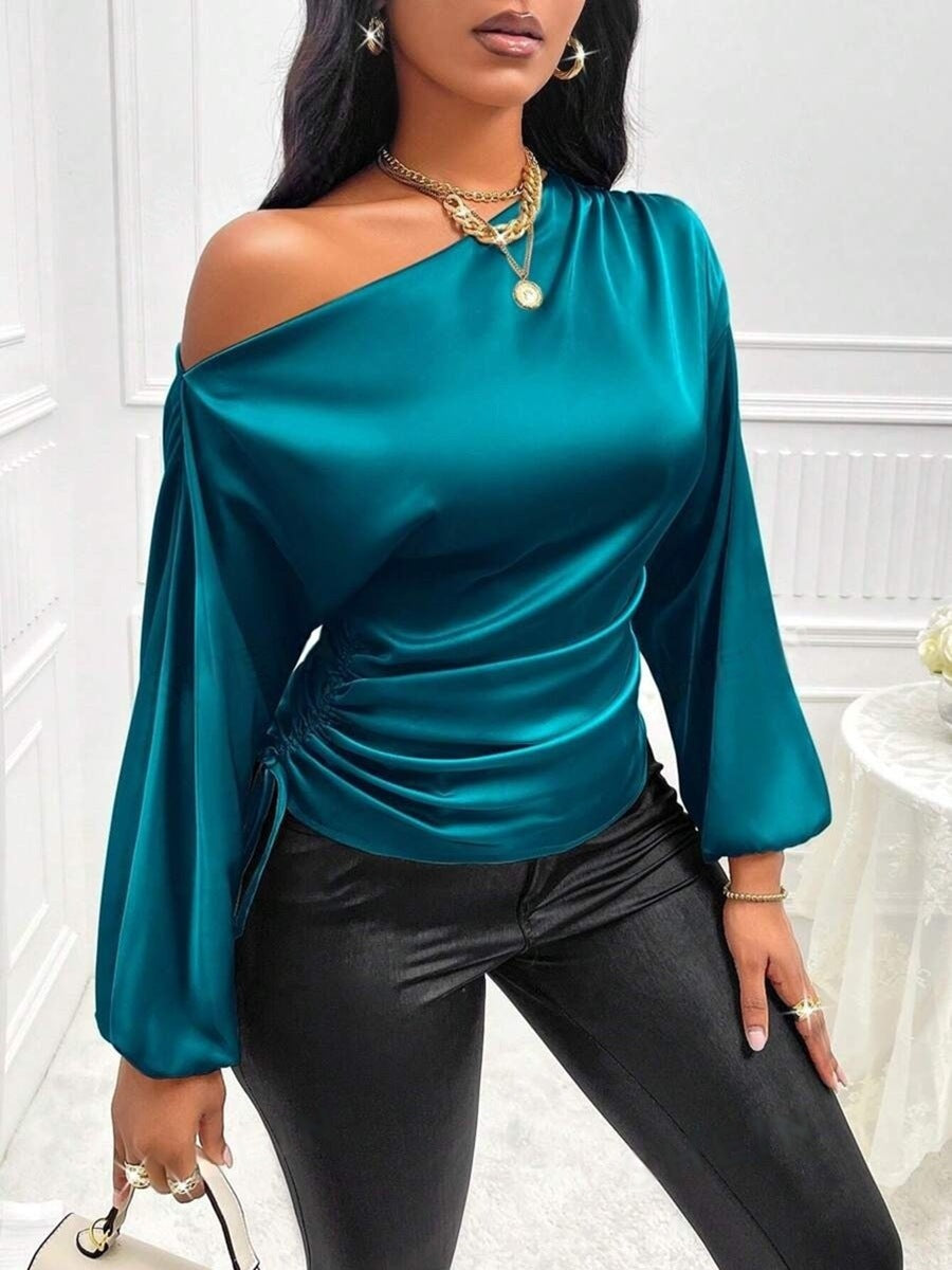 Women's slim fit satin blouse with asymmetrical slanted collar, long sleeves, solid color chic style
