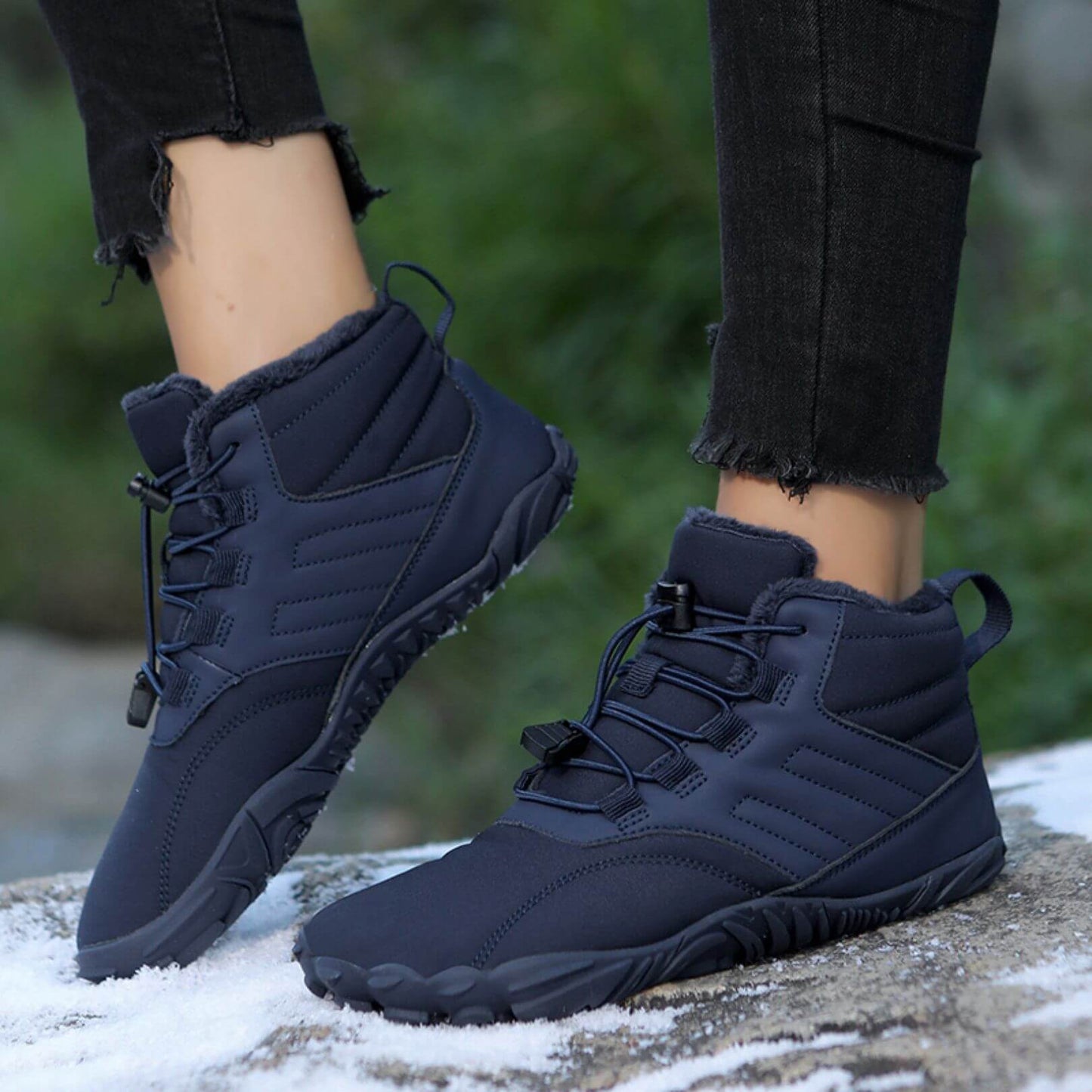 Unisex waterproof winter boots wide toe box fleece-lined quick-lace cold weather couple matching style