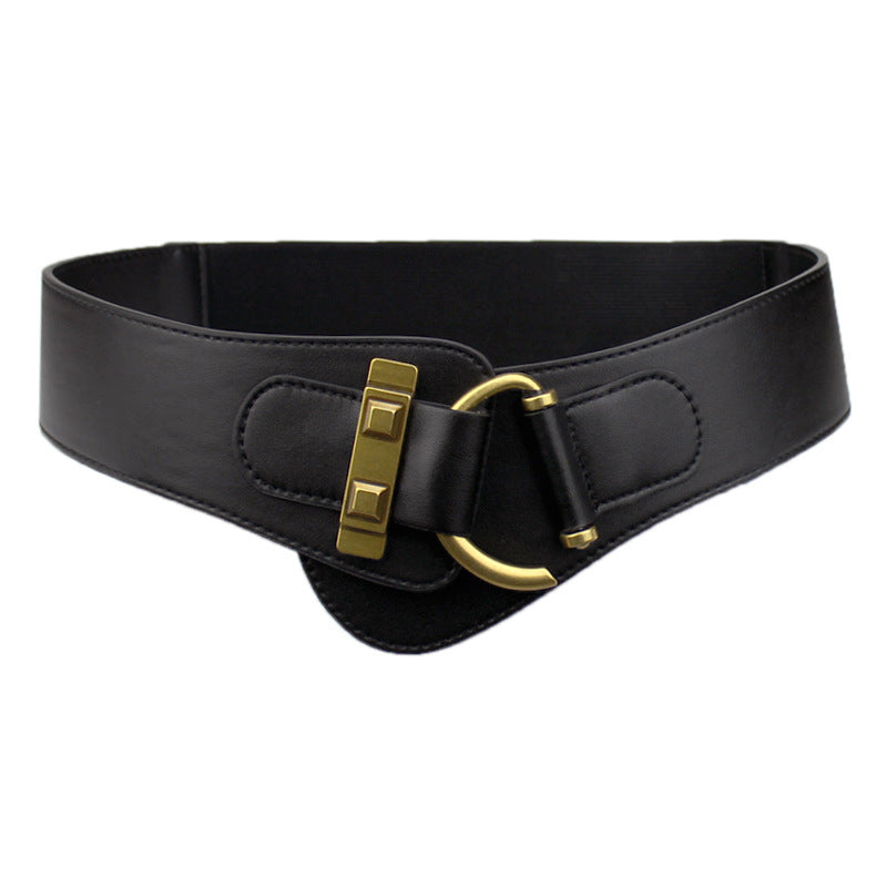 Women's retro wide elastic waist belt in coffee brown, versatile cinching accessory for dresses and skirts