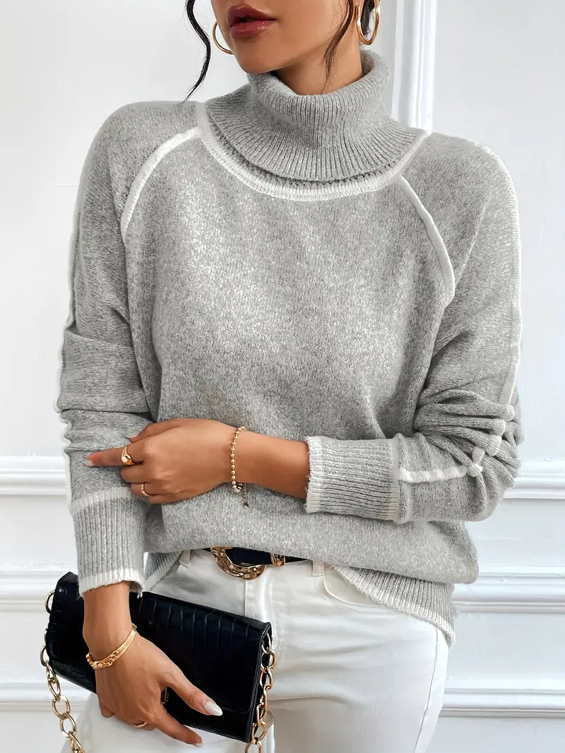 Women's relaxed-fit turtleneck sweater in velvety knit with contrasting seam trim for cozy warmth