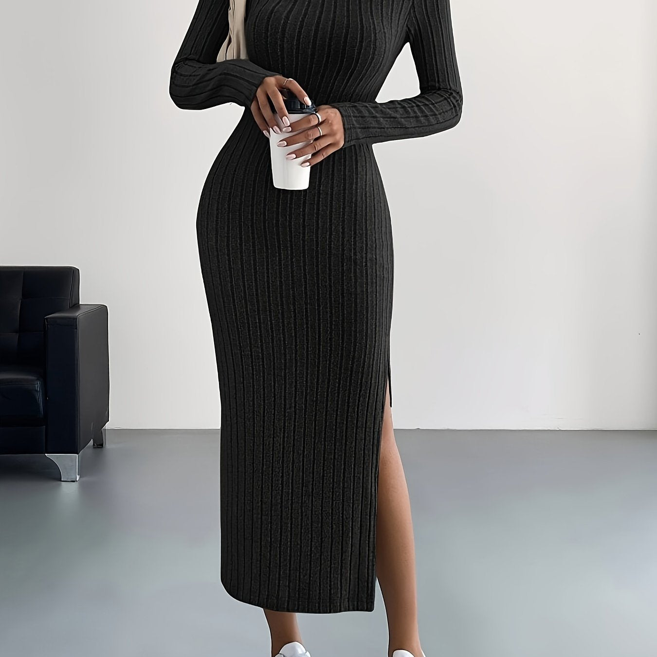 Women's striped ribbed maxi dress long sleeve side slit fitted silhouette casual chic versatile