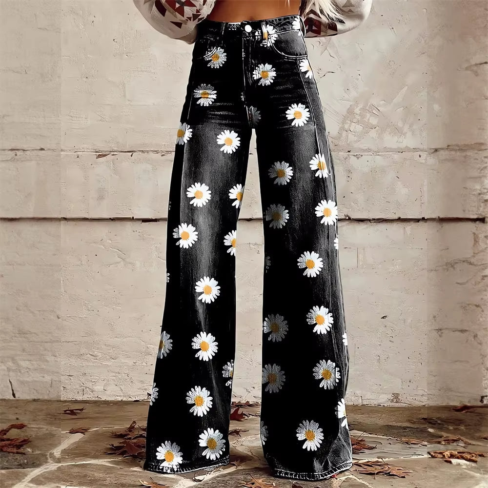Bold high-waist flared denim jeans with celestial floral patterns, soft cotton blend stretch fit