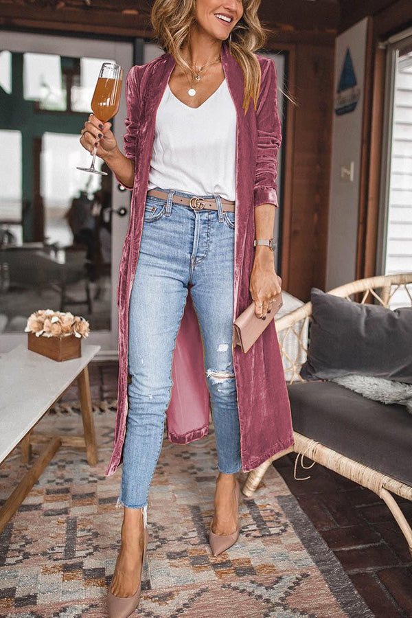 Women's calf-length velvet kimono coat loose fit long sleeve elegant party outerwear