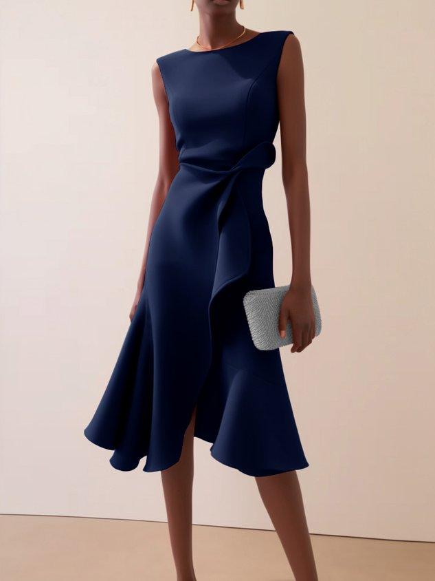 Red sleeveless midi dress with ruched twist waist, A-line silhouette for flattering day-to-night style