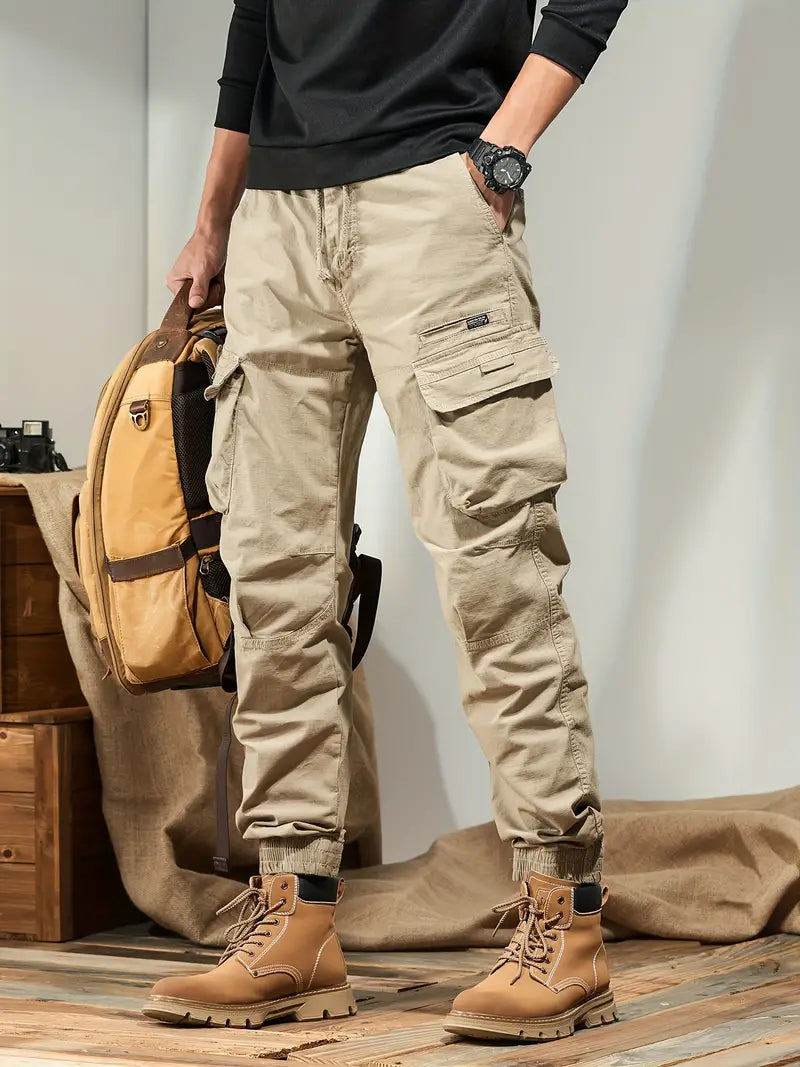 Men's rugged regular-fit cargo pants cotton blend multi-pocket design for outdoor adventures