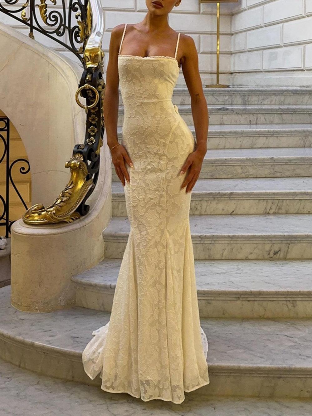 Romantic burnout lace fishtail maxi dress with open back tie detail and sculpted silhouette
