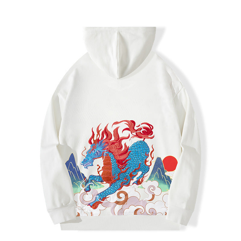 Black unisex dragon print hoodie relaxed streetwear fit with bold graphic and kangaroo pocket