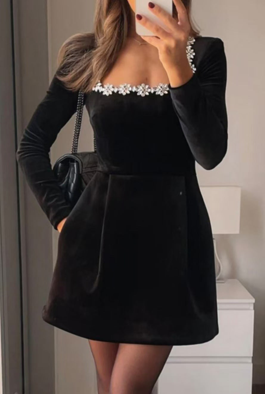 Floral embellished mini dress square neckline long sleeves fitted silhouette elegant evening wear