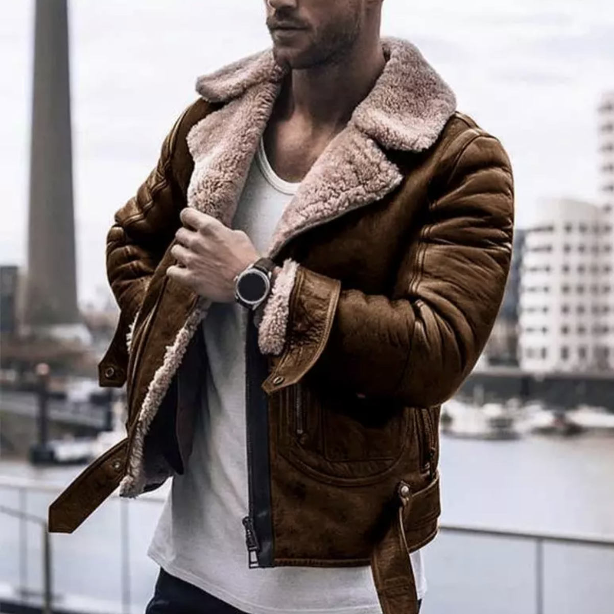 Men's brown vintage aviator bomber jacket with lined collar, urban winter style warm essential