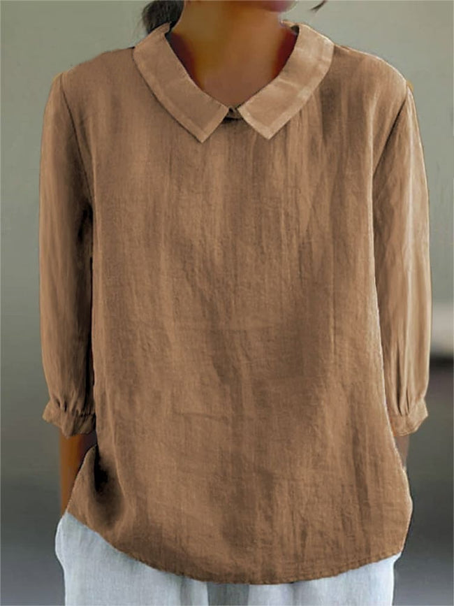 Women's beige cotton linen three-quarter sleeve relaxed fit shirt with turn-down collar retro casual style