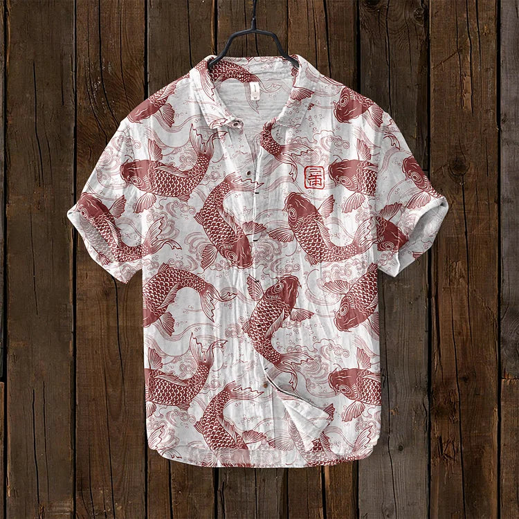 Vintage Japanese fish art linen shirt unisex breathable linen blend with traditional Osamu motif