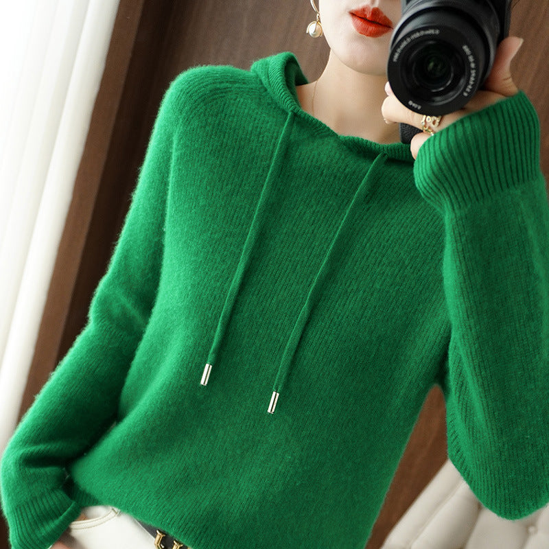 Women's Maya cashmere blend hoodie, soft winter pullover with drawstring hood and ribbed knit trim