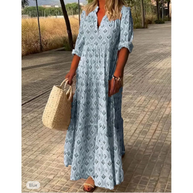 Women's boho pleated maxi dress with shirt collar, available in pink gray green blue casual summer