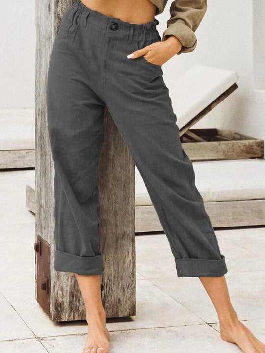 Women's premium linen trousers with rolled hem, breathable relaxed-fit pants for everyday style