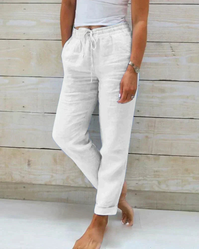 Women's relaxed-fit linen pants with elastic drawstring waist and side pockets, lightweight everyday comfort