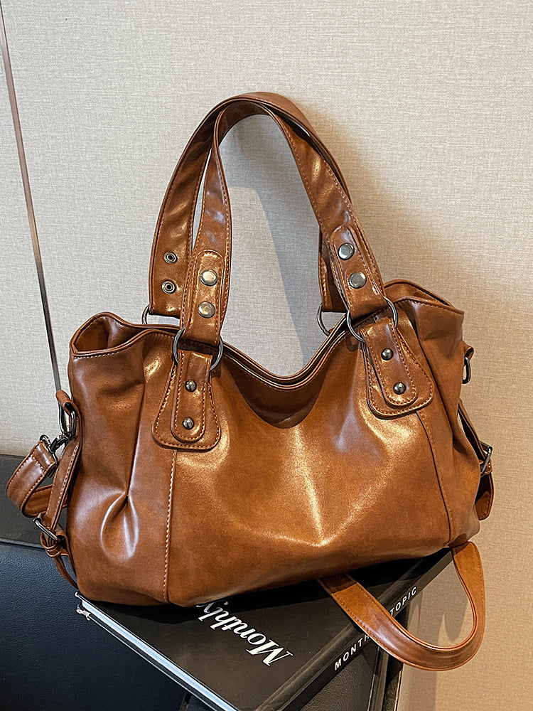 Retro large horizontal tote bag PU leather shoulder style with zippered interior pockets