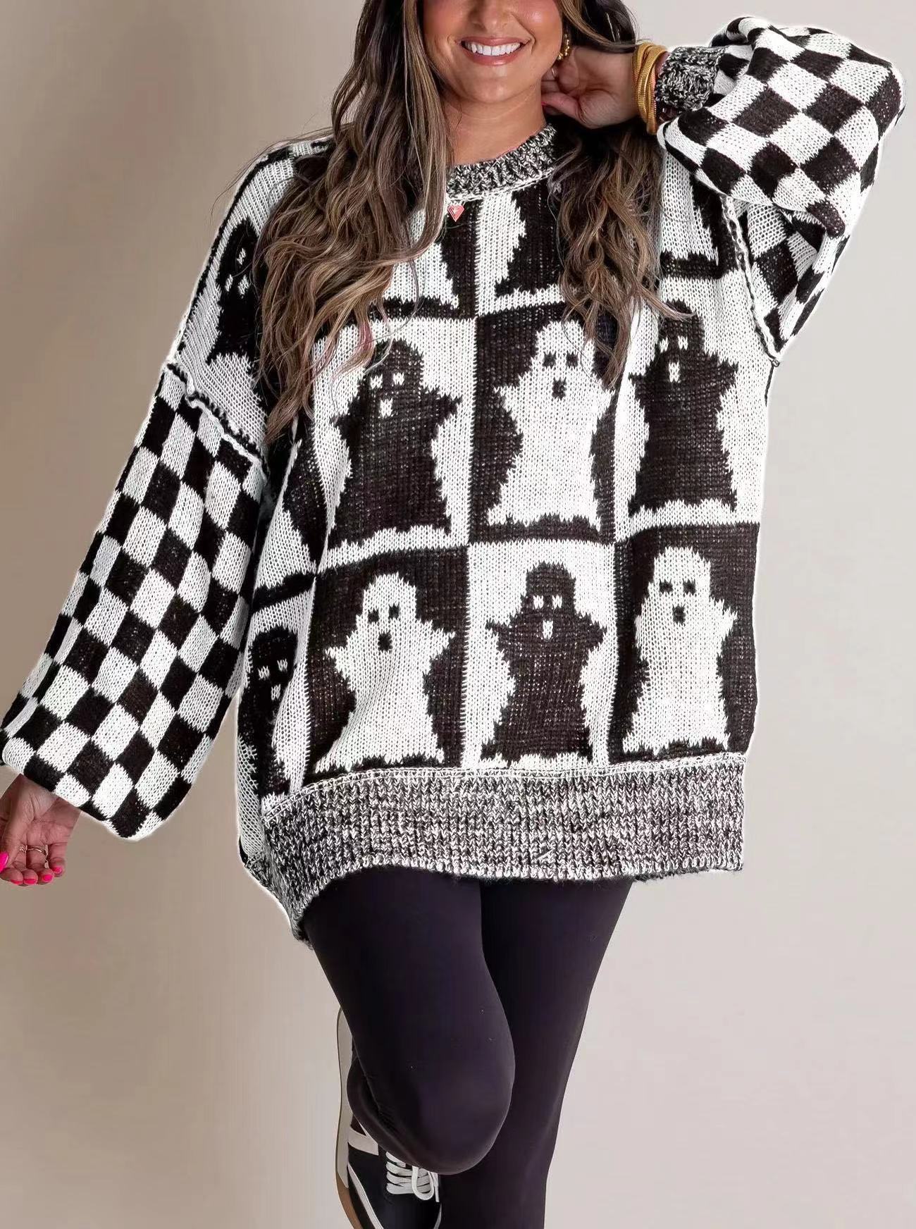 Halloween patterned unisex crew neck knit sweater in cozy stretch spandex blend for casual autumn wear