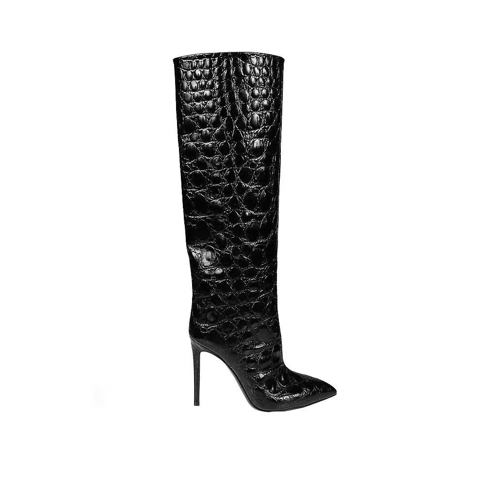 Women's snake print stiletto mid-calf boots pointed toe straight leg microfiber upper bold texture