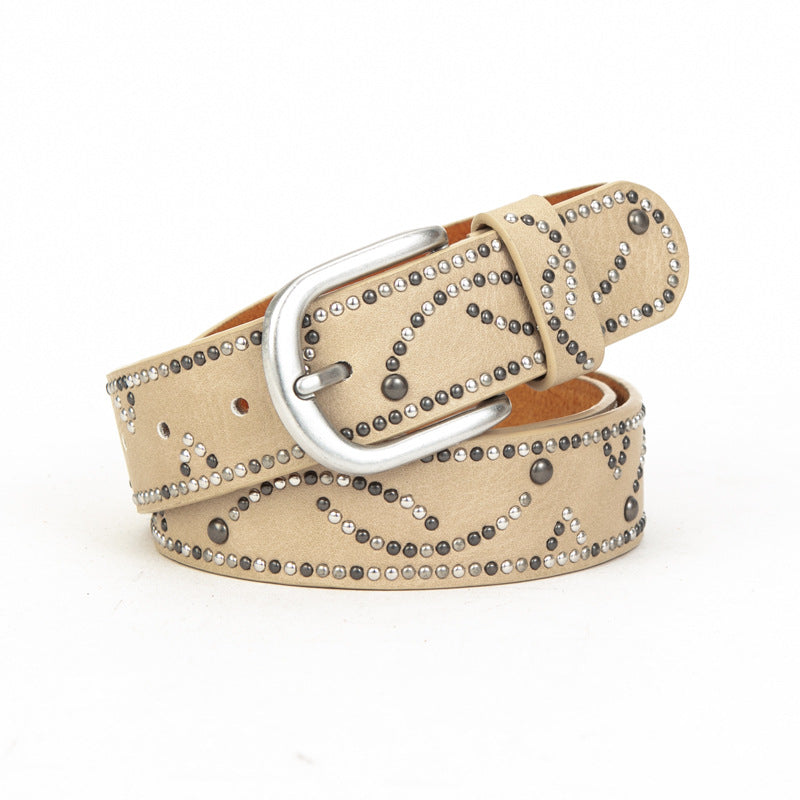 Men's dark gold distressed PU leather belt cracked finish with rivets and pin buckle 110cm