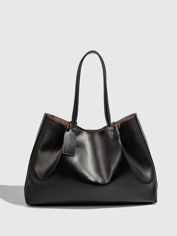 Large black PU leather commuter tote bag with zippered pockets and durable nylon lining