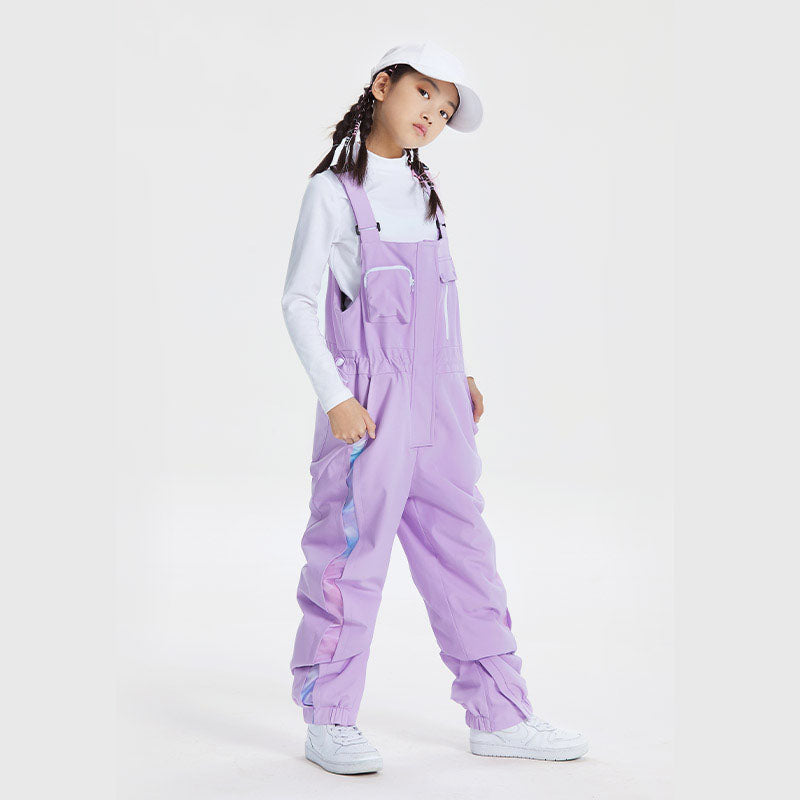 Kids navy blue waterproof snow bib ski pants with taped seams and integrated gaiters