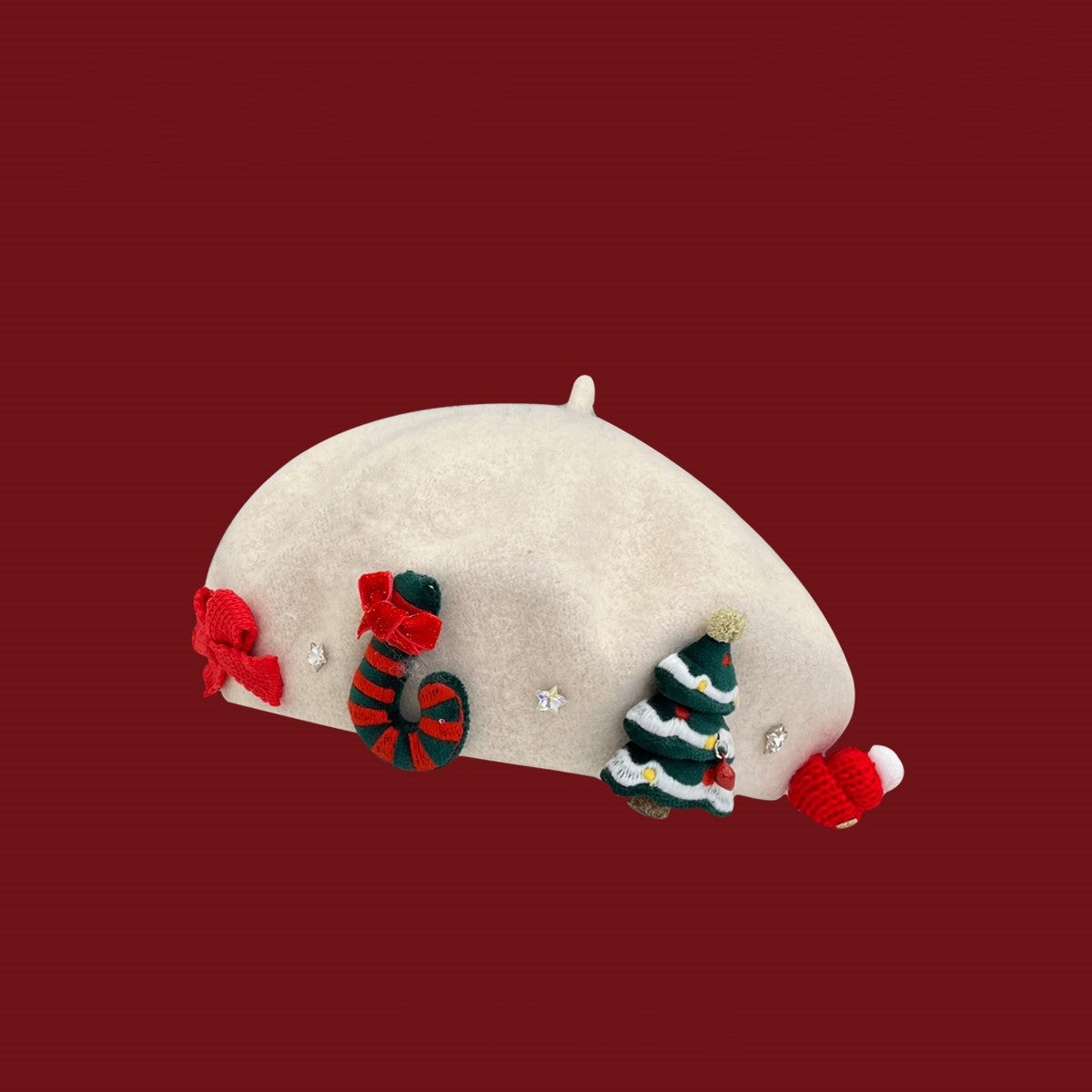 Red patchwork wool beret women Christmas holiday round crown brimless windproof winter hat