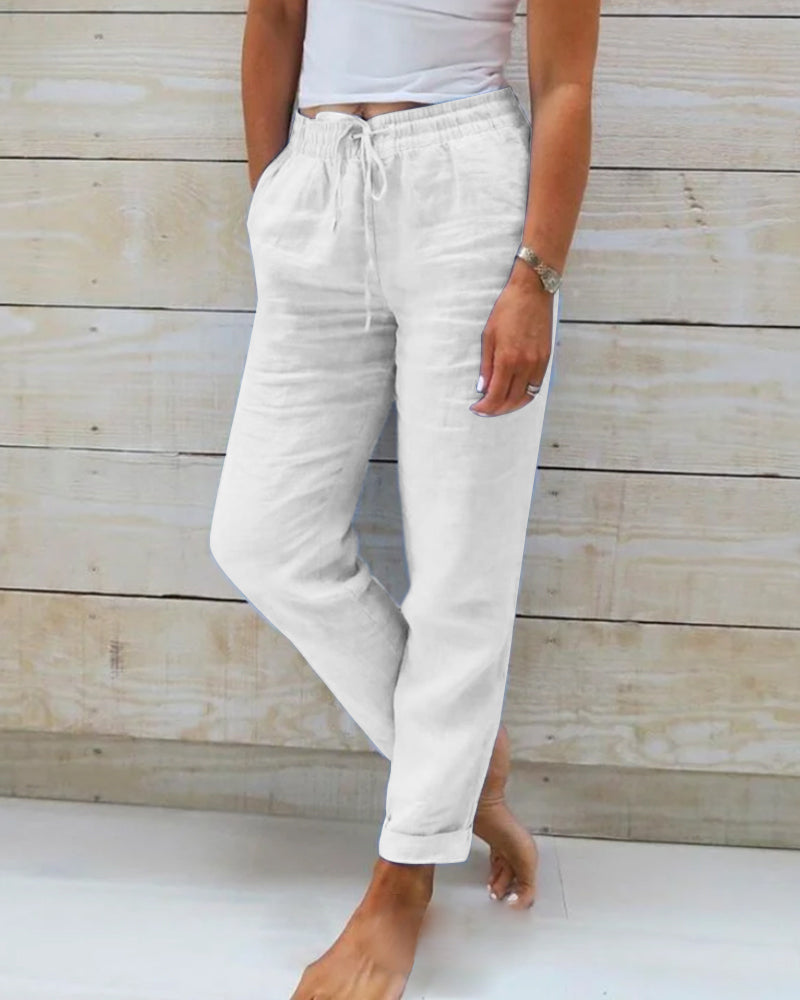 Monica women's beige cotton linen elastic waist pants with relaxed fit for all-day comfort