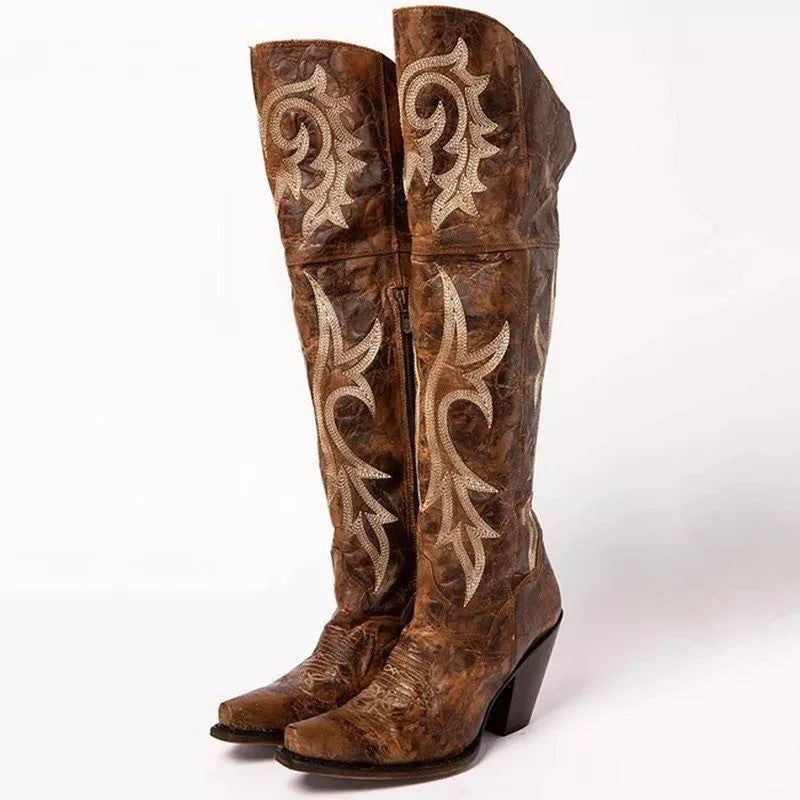Women's retro pattern suede block heel knee-high boots with leather paneling and side pull