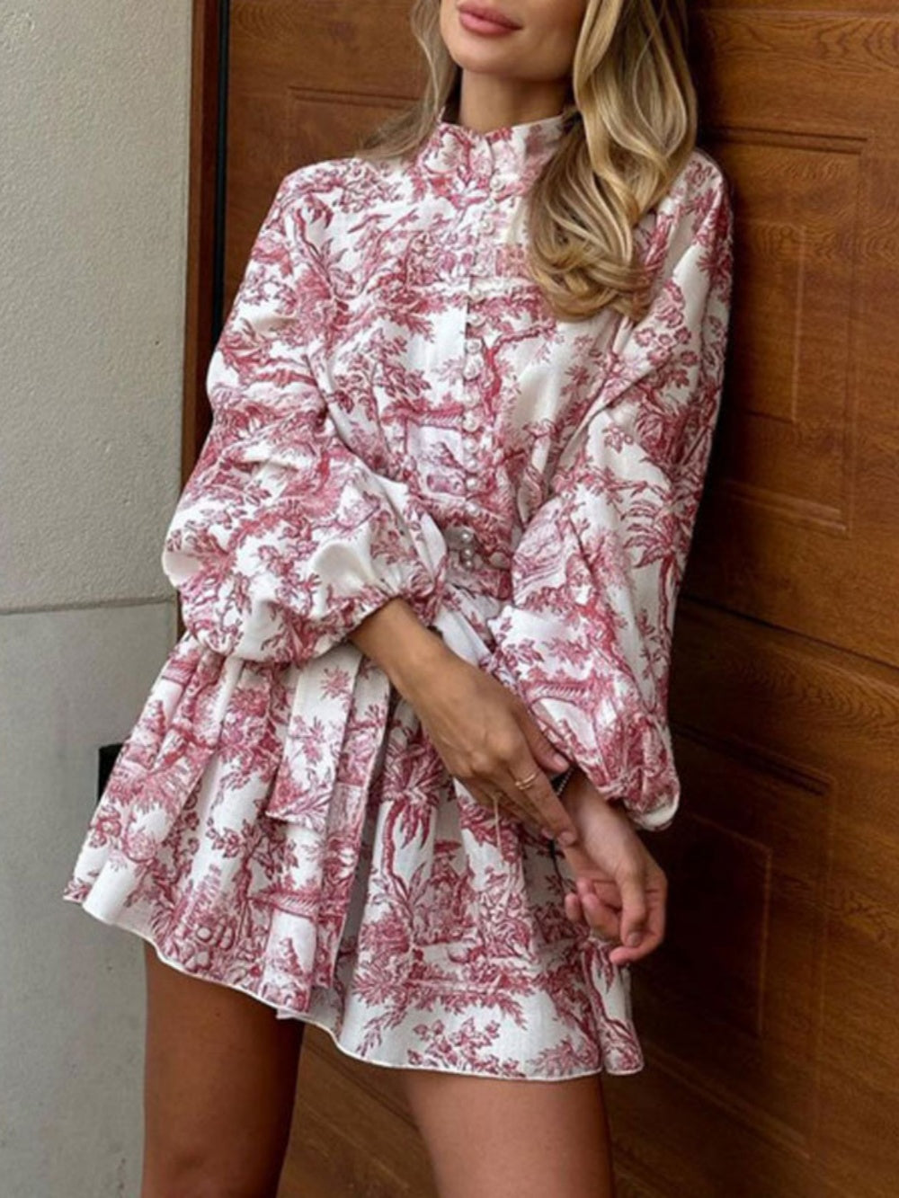 Women's printed long sleeve A-line dress with tie neck lace-up detail, elegant office-ready polyester midi
