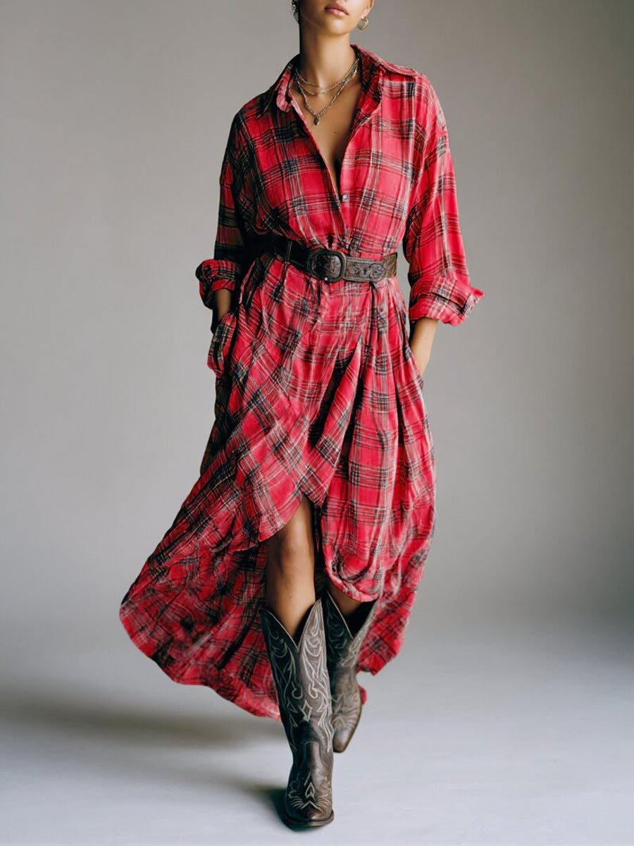 Women's vintage plaid shirt dress with belt, relaxed fit long sleeve retro style high waist