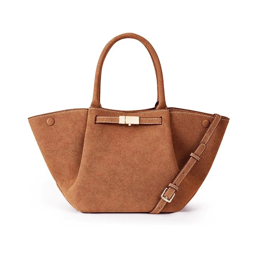 Brown faux suede dumpling tote bag vintage retro style with magnetic clasp mid-sized women's handbag