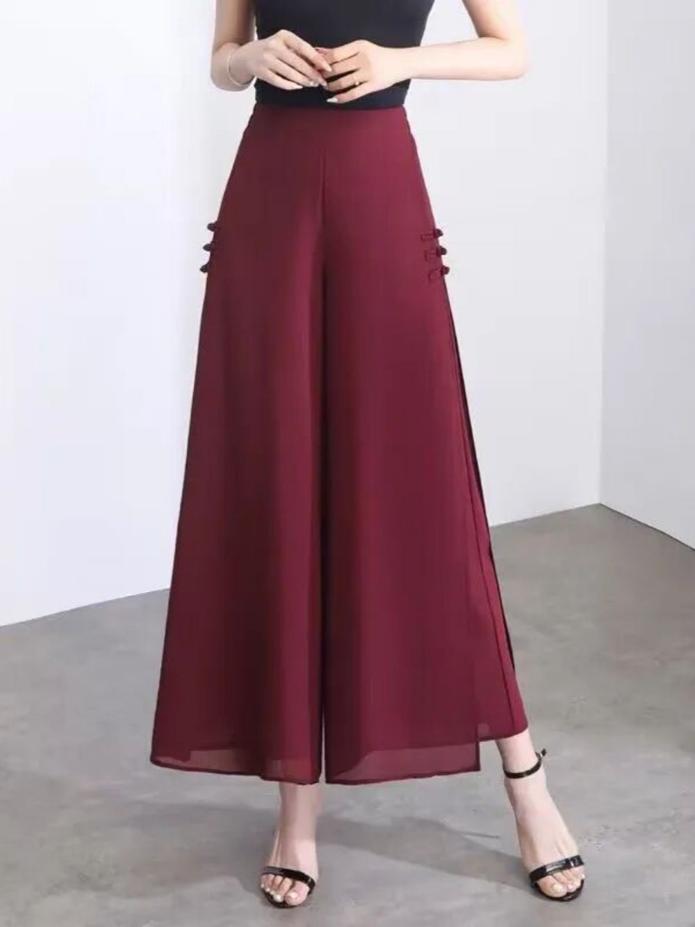 Women's chiffon cropped wide-leg pants high waist slit drape button accent lightweight