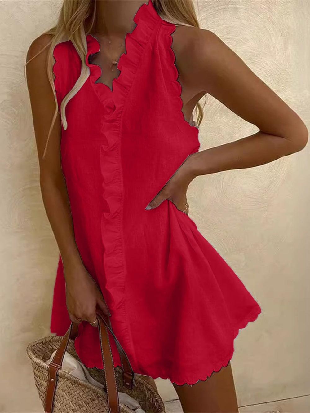 White cotton linen mini dress with lotus leaf collar, ruffled accents, breathable summer chic style