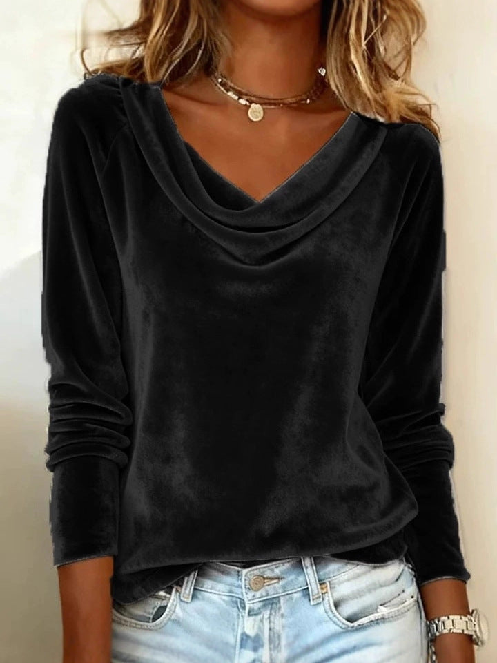 Women's solid velvet long sleeve top with duffle collar and irregular silhouette flattering fit