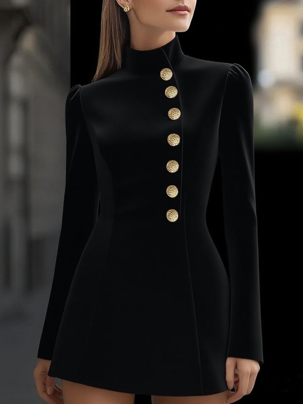 Slim fit stand collar office dress, long sleeve single breasted solid color professional workwear