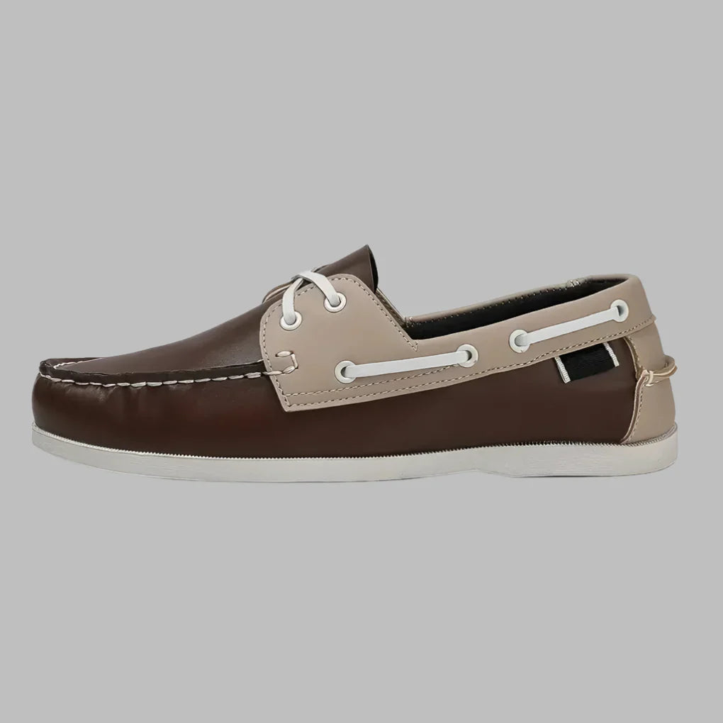 Men's classic tan leather boat shoes with timeless silhouette and premium leather upper for all-day comfort