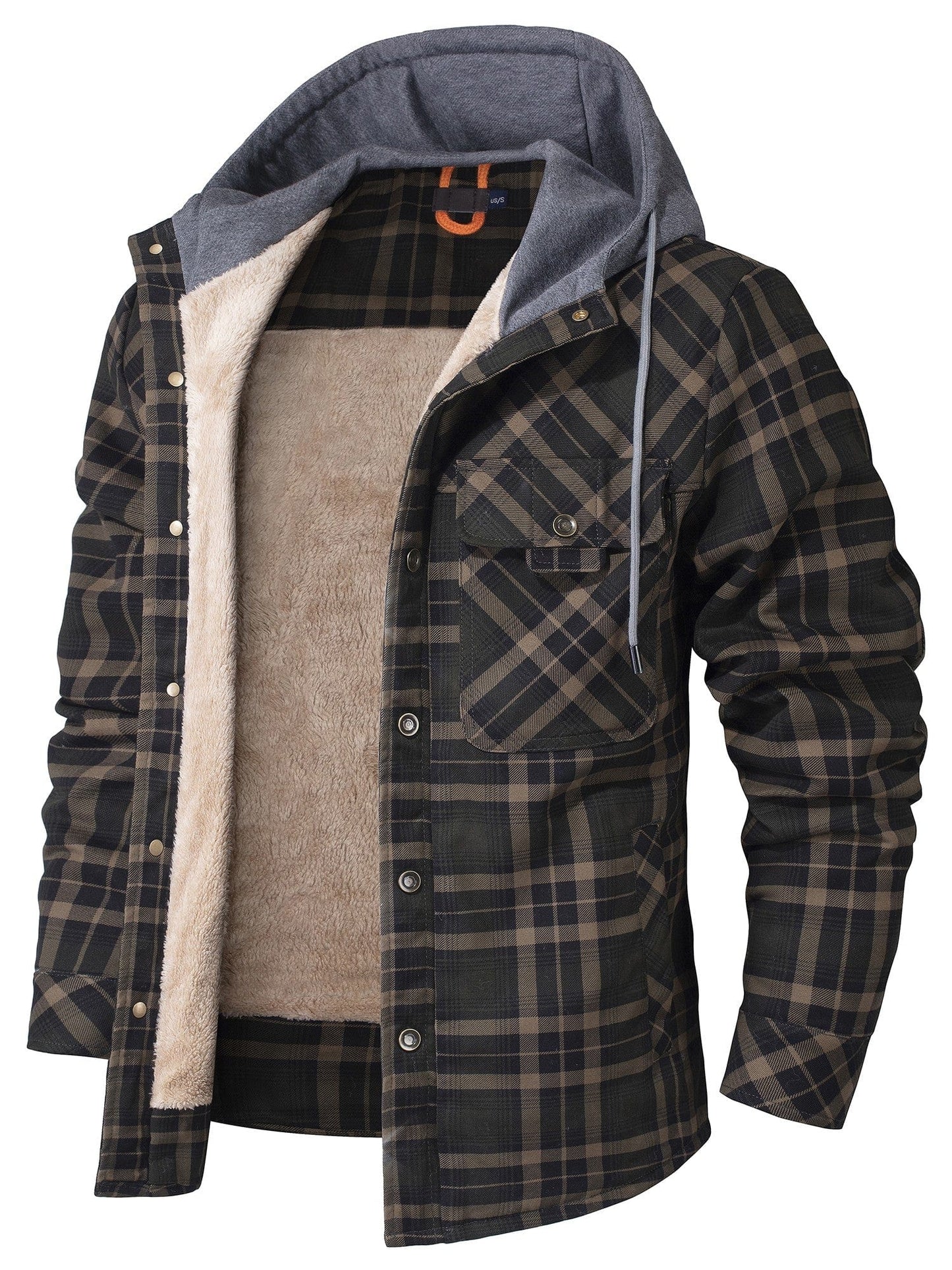 Men's plaid hoodie jacket fleece-lined button-up in bold rugged pattern for casual warmth