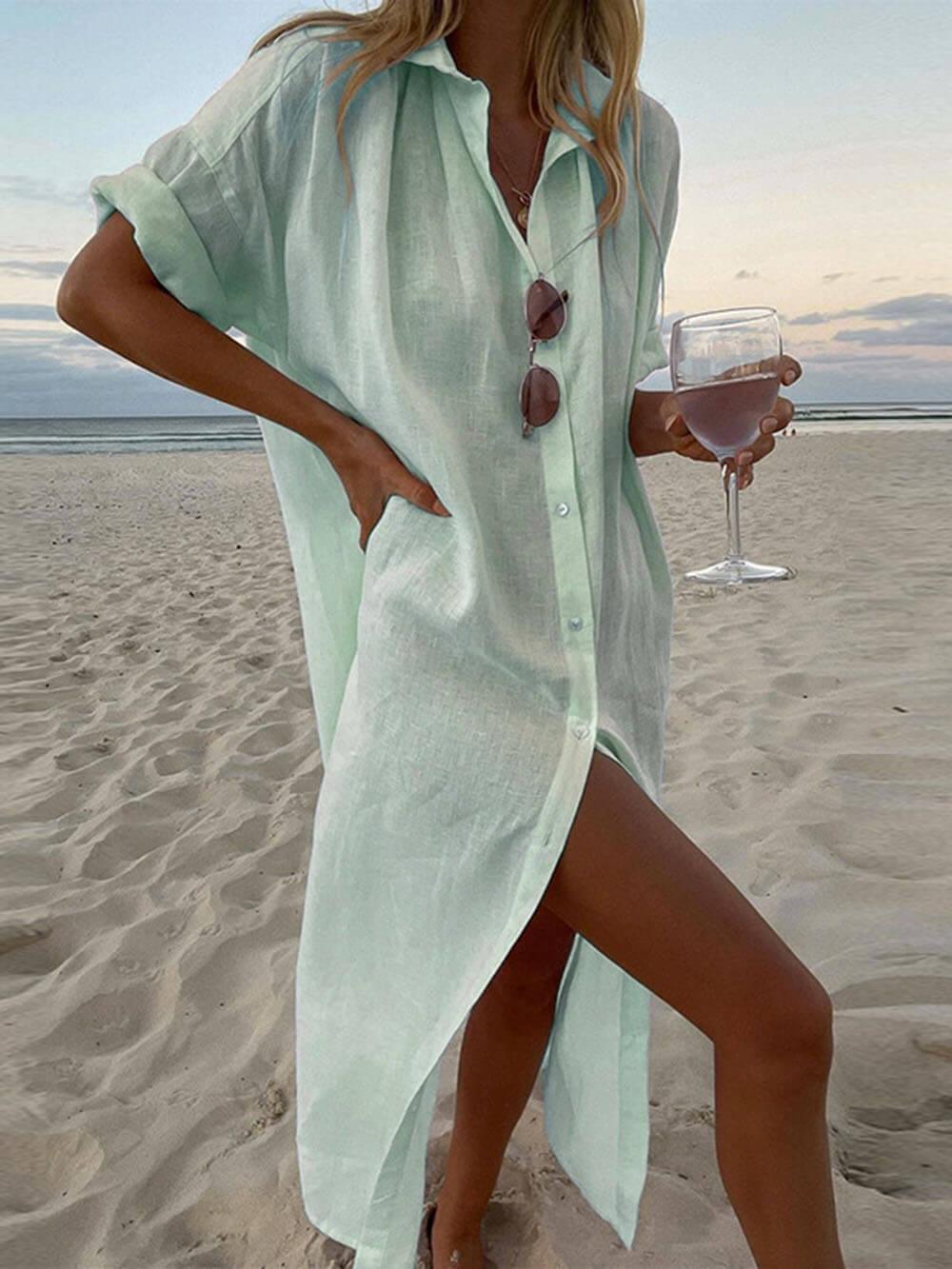 Women's maxi shirt dress in solid neutral tones, relaxed button-front silhouette, office-to-evening versatile style
