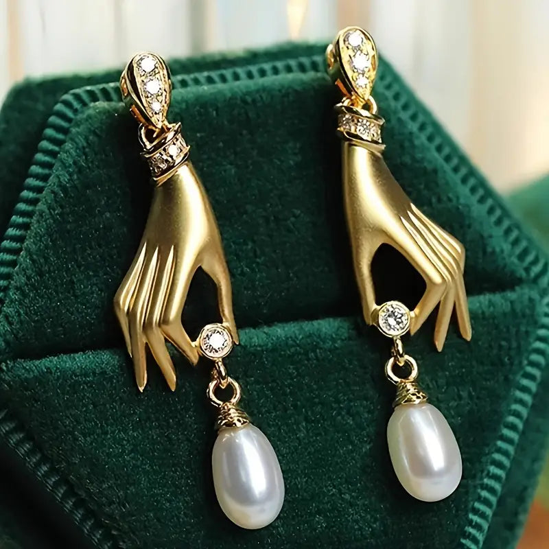 Gilded Hand & Pearl Drop Earrings - Urbann-Vibe
