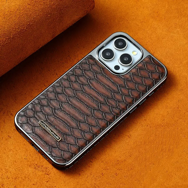 Python textured iPhone case gold alloy frame snake-scale pattern luxury fashion protection